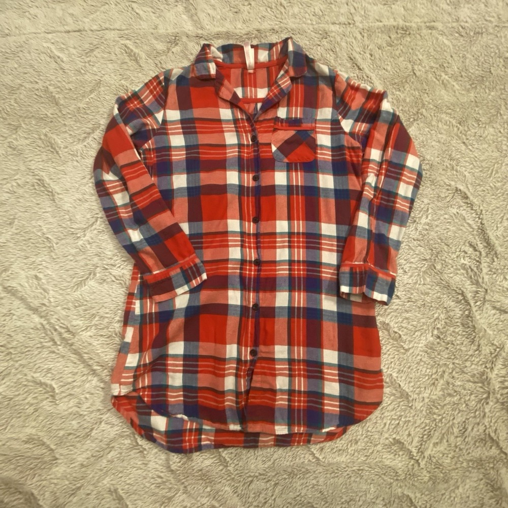 Xhilaration SLEEP SHIRT women's Flannel long gown XS red plaid Button Front